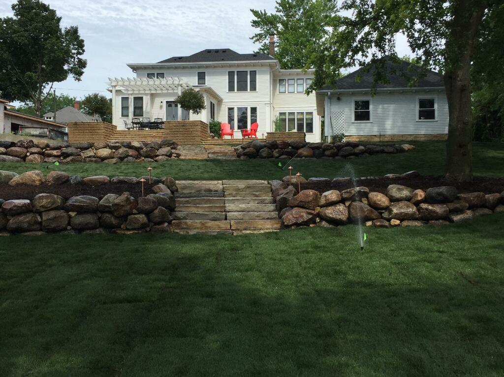 Boulder Walls with Chilton Steps by Sequoia Landscape